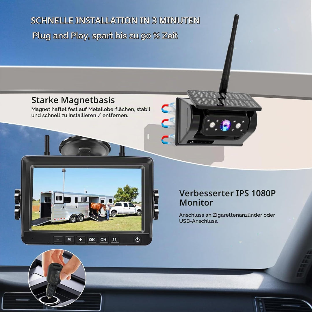 PARKVISION Kabellose Rückfahrkamera Solar Kit mit 9600mAh Akku &amp; DVR Aufzeichnung – Magnetische 1080