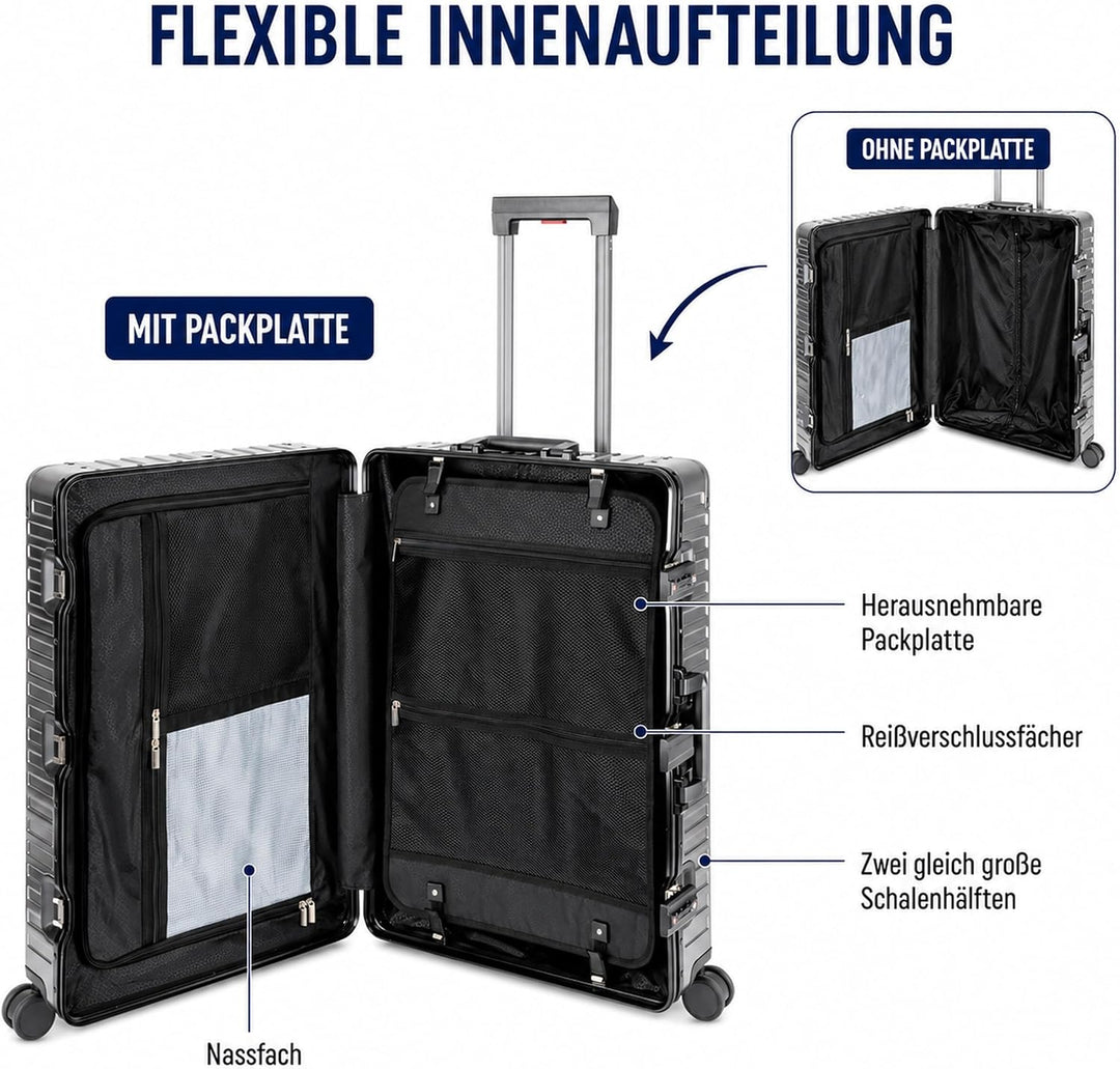 Travelhouse 100% Aluminium Koffer Reisegepäck Tokyo, mit TSA und 4 Rollen, Vol. S-41.5L + XL-110L Gr