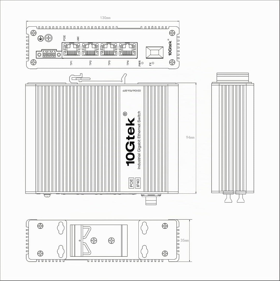 5-Port Industrial DIN-Rail Ethernet Switch Hutschiene, POE 802.3af/at, IP40, 1x Gigabit SFP Slot mit