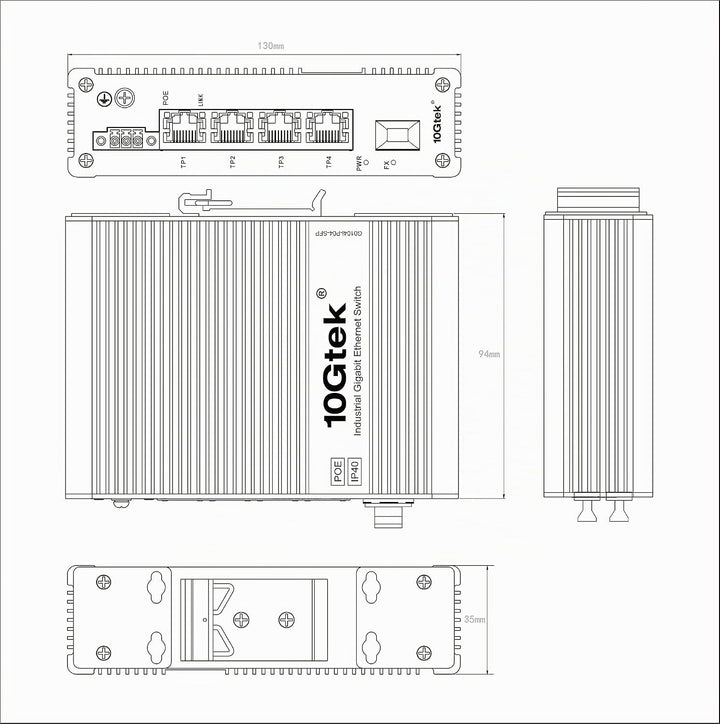 5-Port Industrial DIN-Rail Ethernet Switch Hutschiene, POE 802.3af/at, IP40, 1x Gigabit SFP Slot mit