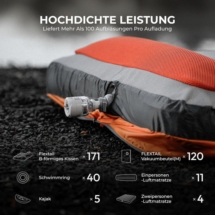 FLEXTAILGEAR Tragbare Elektrische Luftpumpe für Aufbläsartikel, Luftmatratzenpumpe mit 5 Lichtmodi,
