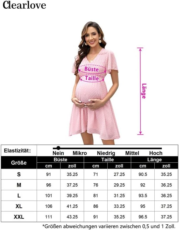 Clearlove Damen Schwangerschaftskleid aus Schweizer Pünktchen-Chiffon mit kurzen Ärmeln für den Somm