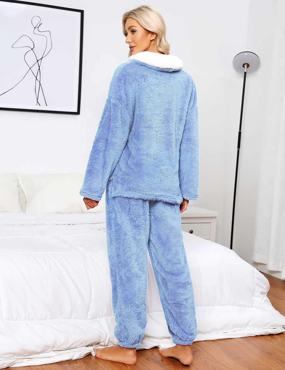 Schlafanzug Damen Winter Thermo Pyjama Set Langarm Fleece Nachtwäsche Set Weicher Warmer Heim Lounge