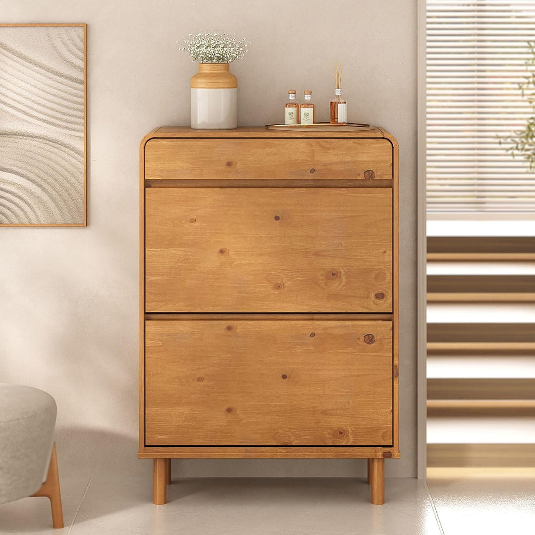 Schuhkipper NAEL mit 2 Klappen und Schublade, Eiche farben – schmaler Schuhschrank aus massivem Kief