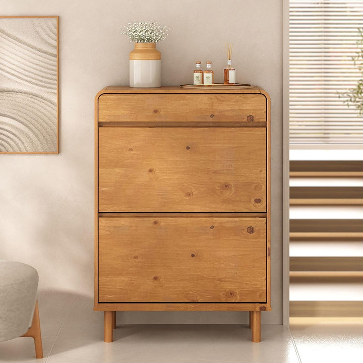 Schuhkipper NAEL mit 2 Klappen und Schublade, Eiche farben – schmaler Schuhschrank aus massivem Kief