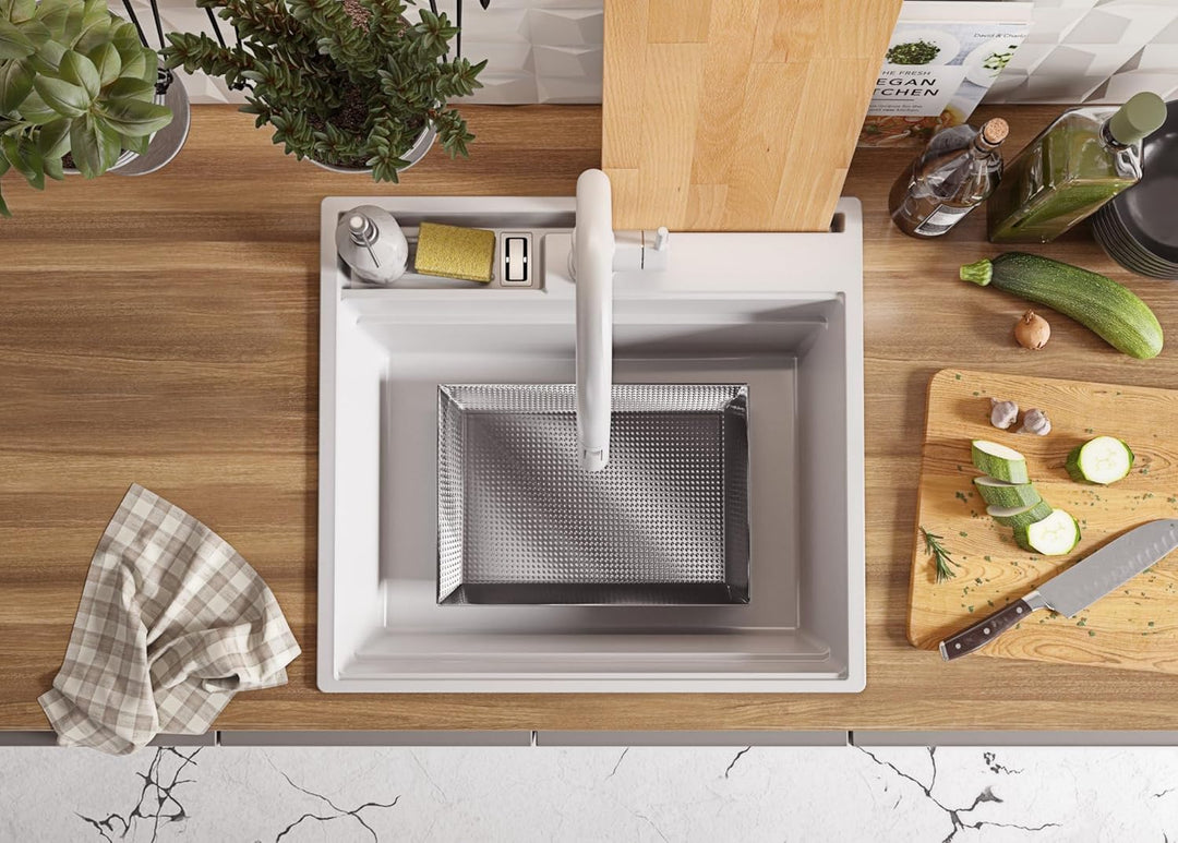 PRIMAGRAN Spülbecken Weiss 58x53cm, Granitspüle 1 Becken + Ablauf-Set, Küchenspüle ab 60er Unterschr