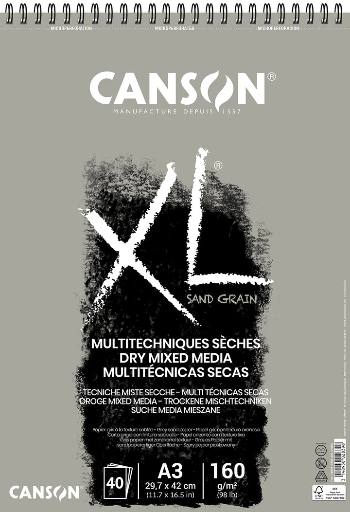 CANSON XL® Sand Grain, graufarbiger Zeichenblock mit sandpapierartiger Oberfläche, DIN A3, 40 Blatt,