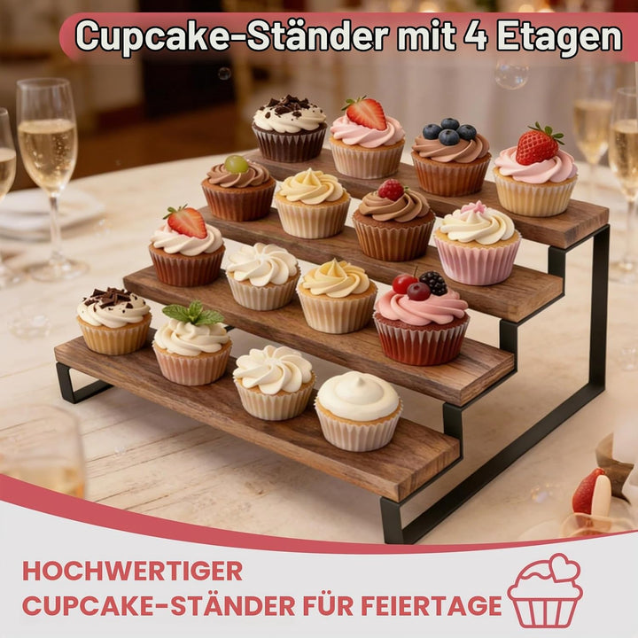 Tortenständer aus Holz für 16 Cupcakes, 4 Etagen Cupcake Ständer Stufenregal für Desserts, Donuts, K