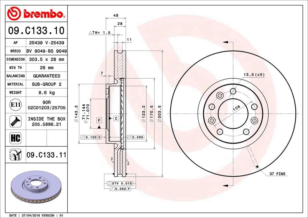 BREMBO 09.C133.11 Bremsscheiben, Set of 2