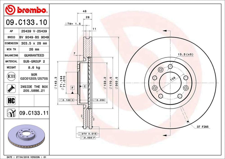 BREMBO 09.C133.11 Bremsscheiben, Set of 2