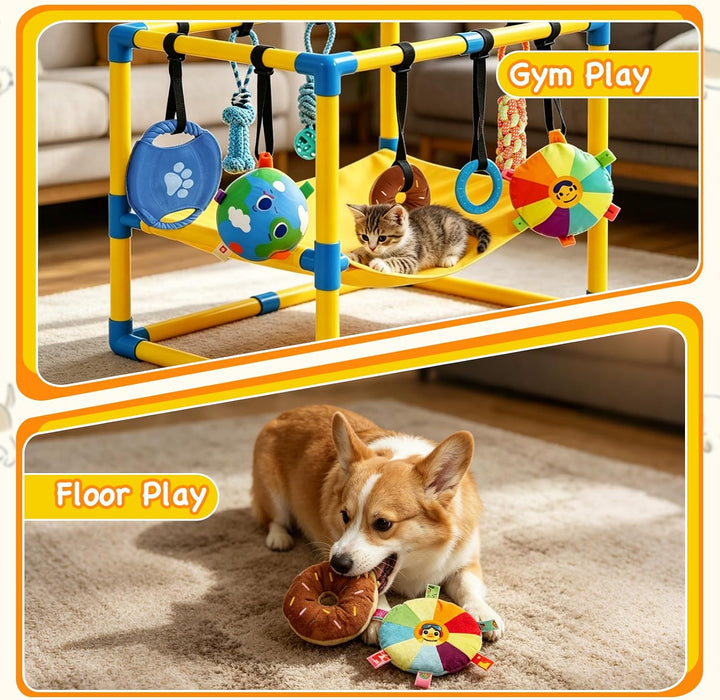 Welpen Spielgerüst, 60 × 45 × 40 cm, Welpenspielhalle mit Hängematte &amp; 8 Hängespielzeugen, Verstellb