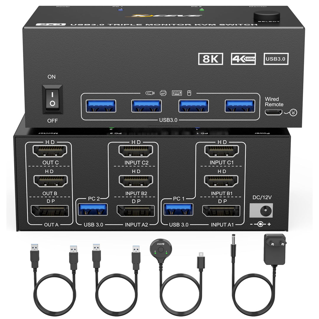KVM Switch 2 PC 3 Monitore, KCEVE 2 HDMI + 1 DisplayPort KVM Umschalter, USB 3.0 8K@30Hz/4k@144Hz Dr
