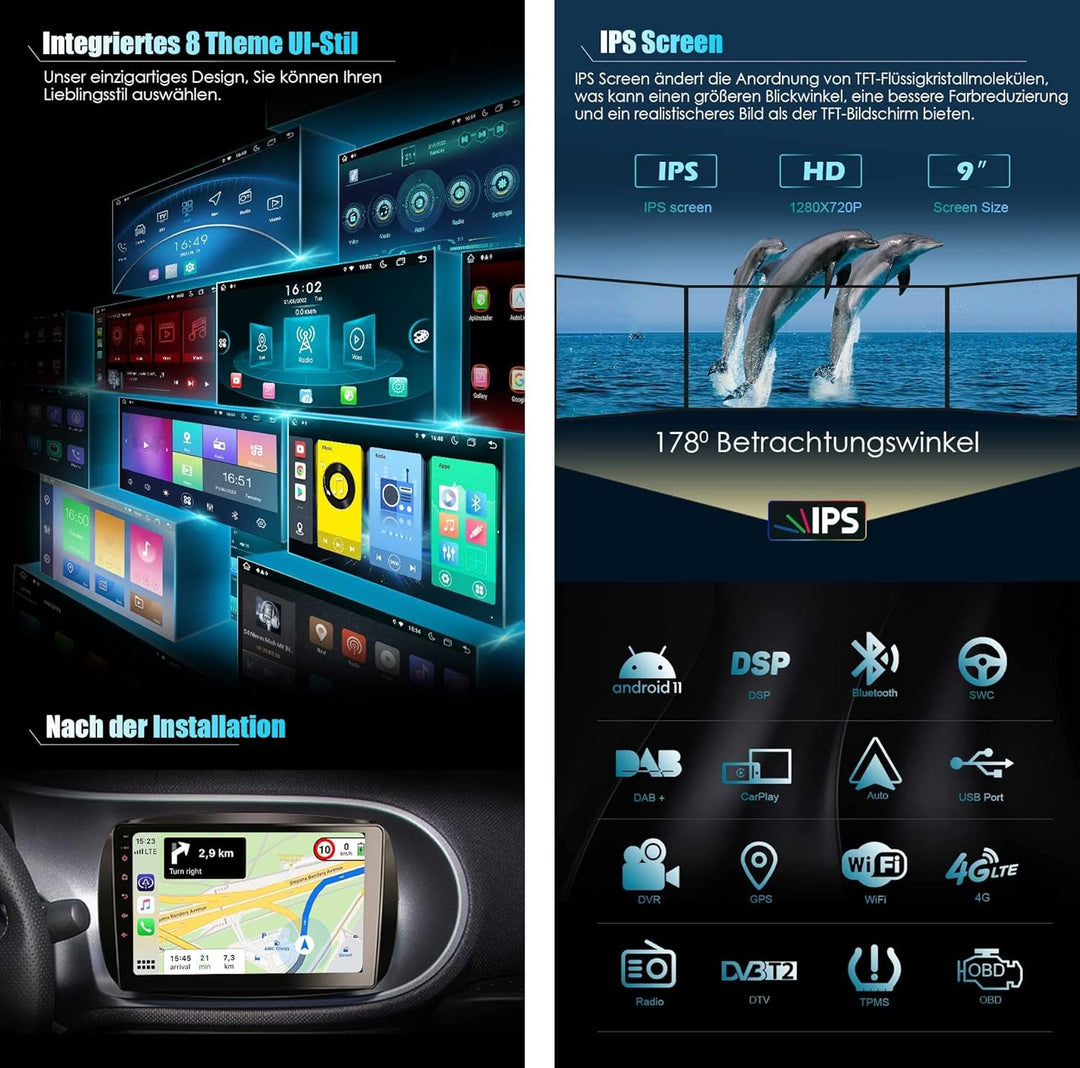 Erisin 9 Zoll 8-Kern 4GB+64GB Android 11 IPS Autoradio Bluetooth mit GPS Navi Für Mercedes Benz SMAR