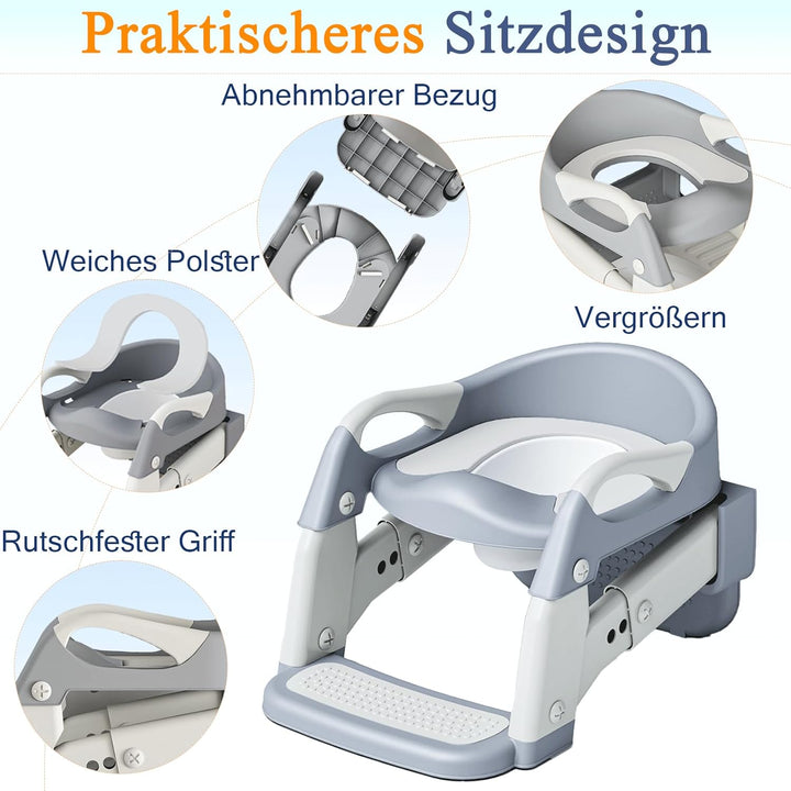 3 IN 1 Toilettensitz Kinder, Toilettenleiter für Kinder mit Verstellbar Treppe, Spritz und Rutschfes