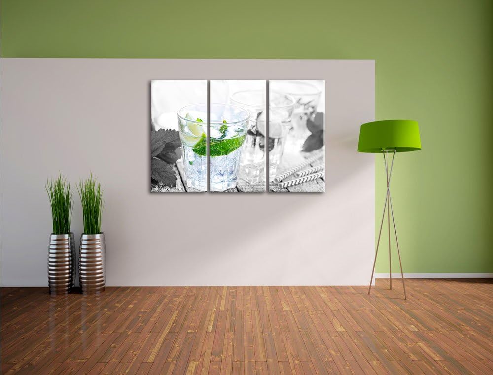 Pixxprint Mojito-Gläser mit Minze B&W Detail 3-Teiler Leinwandbild 120x80 Bild auf Leinwand