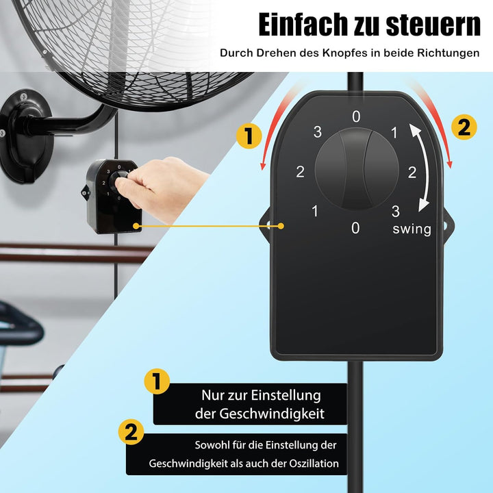 RELAX4LIFE Wandventilator mit 3 Geschwindigkeitsstufen, 85°Oszillation & 30°Neigung, 120W Ventilator