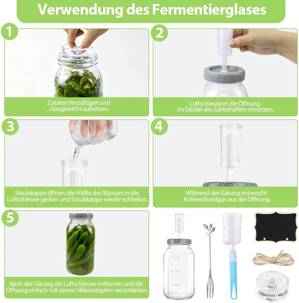 2 Stück Fermentierglas 2L mit 2 Fermentiergewichte Ø 7 cm, 1 Edelstahl Gabel, 1 Bürste, Kimchi Behäl