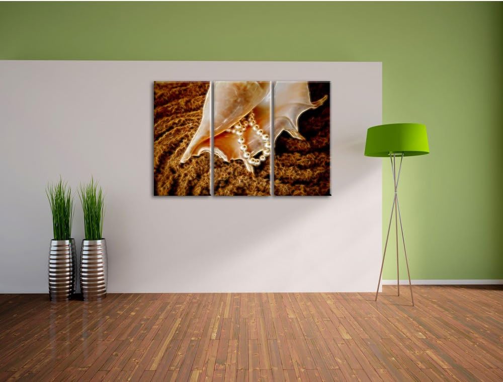 Pixxprint Muschel mit Perlen als Leinwandbild/Grösse: 3 Teilig (120x80) cm/Wandbild/Kunstdruck/ferti