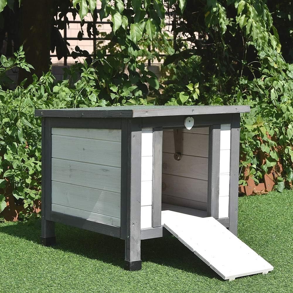 Melko Katzenhaus Grau/Weiss 50 x 45 x 43 cm mit klappbarem Deckel und Rampe, Winterfest