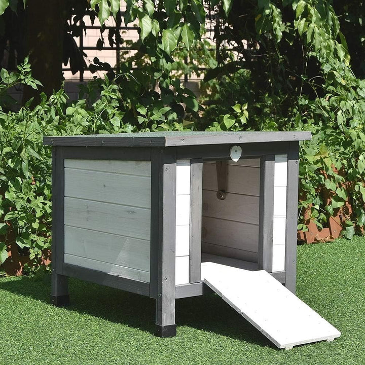 Melko Katzenhaus Grau/Weiss 50 x 45 x 43 cm mit klappbarem Deckel und Rampe, Winterfest