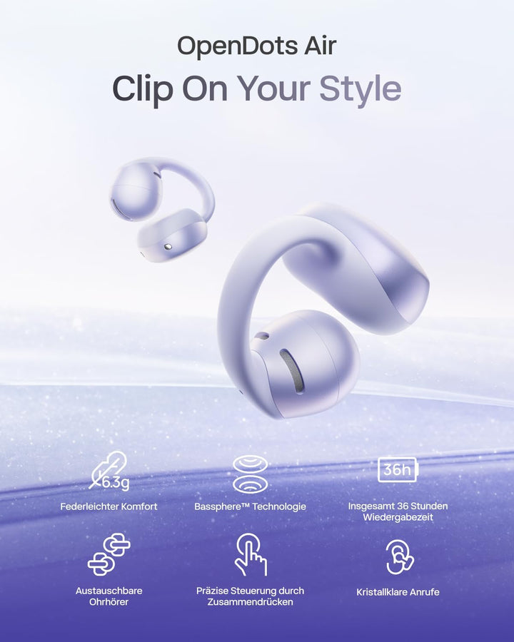 SHOKZ OpenDots Air Open-Ear-Kopfhörer mit Clip-on, ultraleichten 6,3 g, sicherer Passform, Deep Bass