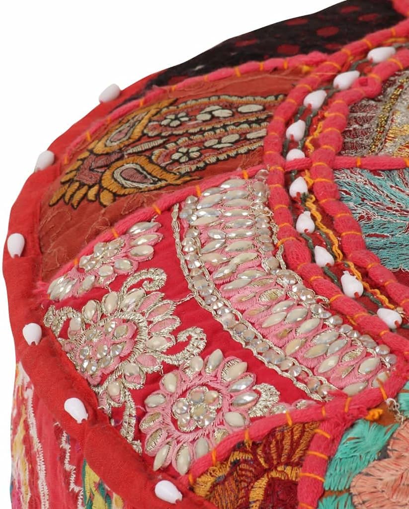 TEWTX7 Patchwork-Fusshocker mit Exquisiten Stickereien Besetzt, Handgefertigt Patchwork Rund Puffhoc