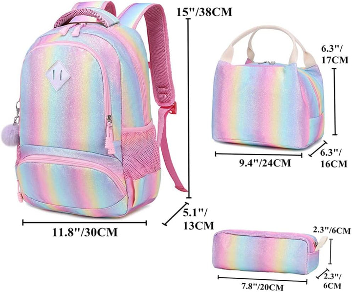 A AM SeaBlue Mädchen Schulrucksack Regenbogen Rucksack Glitzer Teenager Schultaschen Set Bunte Schul