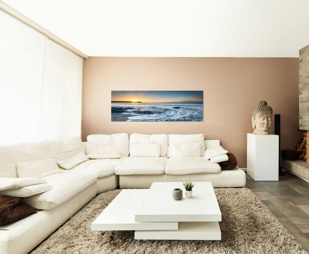 Paul Sinus Art Panoramabild auf Leinwand und Keilrahmen 150x50cm Cornwall Strand Meer Sonnenuntergan