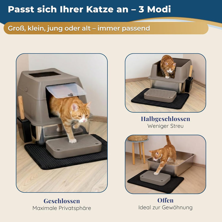 Katzenklo Edelstahl mit Deckel XXL – Geschlossene Katzentoilette mit 2 Eingängen, Trittstufe, Schauf