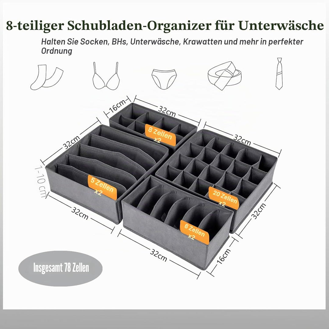 Yucch 8er Set Unterwäsche-Organizer – Faltbare Stoffboxen für Kleiderschrank, platzsparendes Ordnung