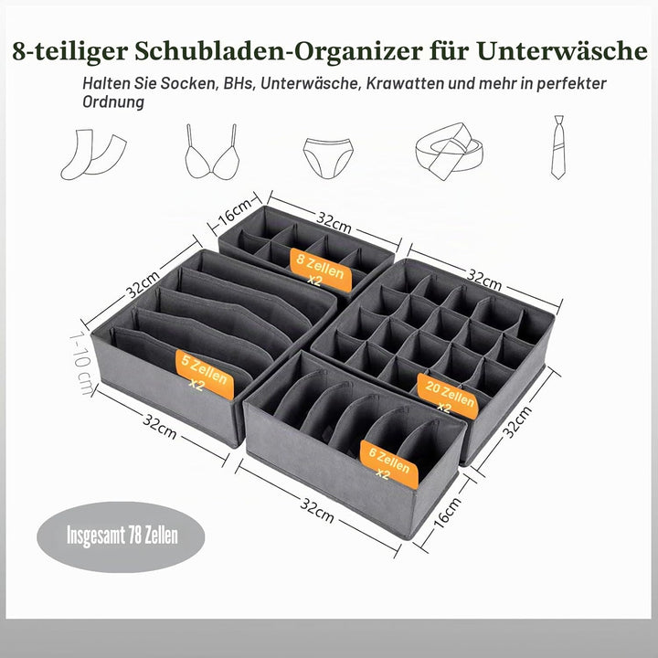 Yucch 8er Set Unterwäsche-Organizer – Faltbare Stoffboxen für Kleiderschrank, platzsparendes Ordnung