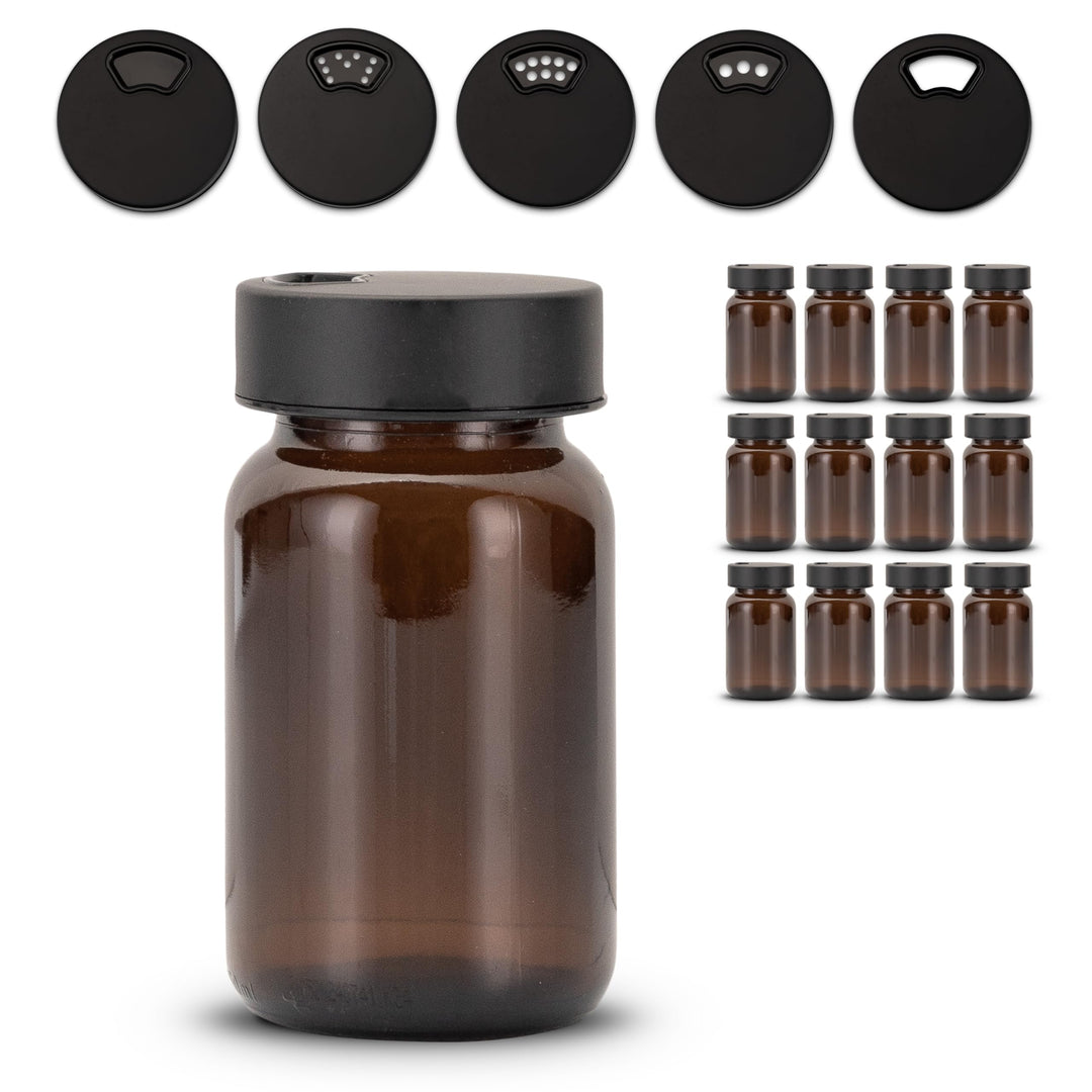 12 Stück Gewürzgläser – Premium Gewürzglas aus Braunglas | Gewürzstreuer Set | Gewürzdosen mit Decke