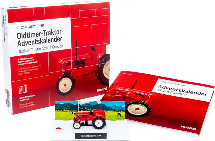 FRANZIS 67067 - Porsche Oldtimer-Traktor Adventskalender 2019, Modellbausatz im Massstab 1:43, inkl.
