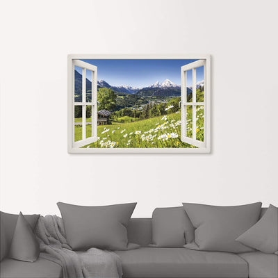 Artland Leinwandbild Wandbild Bild auf Leinwand 70x50 cm Wanddeko Fensterblick Fenster Alpen Landsch