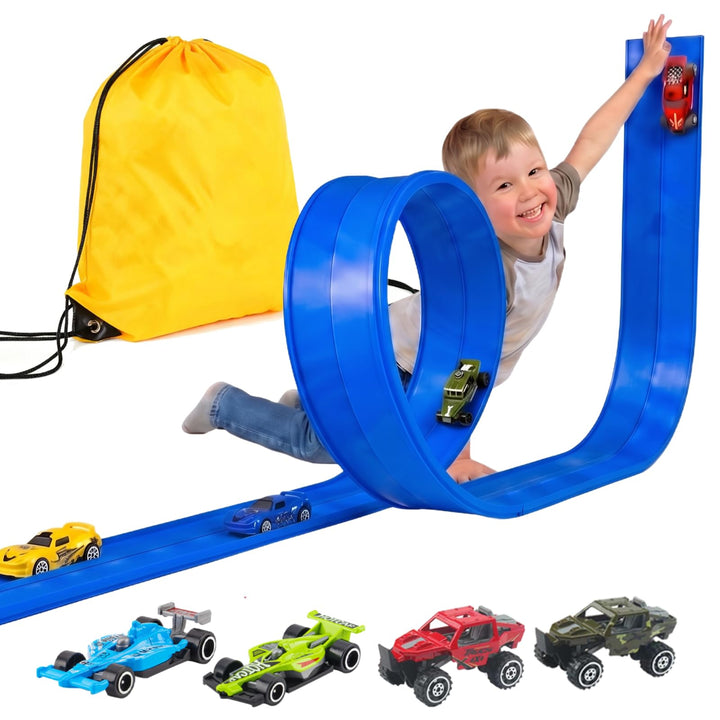 Autorennbahn Flexible Rennstrecke mit 4 Autos & Tragtasche – Soft Rennbahn Spielzeug für Kinder ab 3