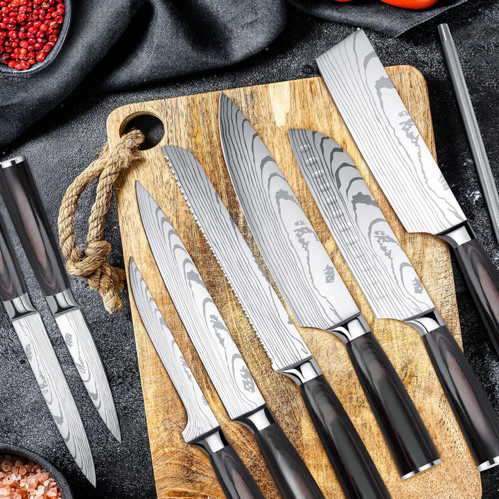 Messerset Gustrug 8-tlg Küchenmesser Set mit Messerschärfer, Scharf Messer Set aus Hochwertigem Carb