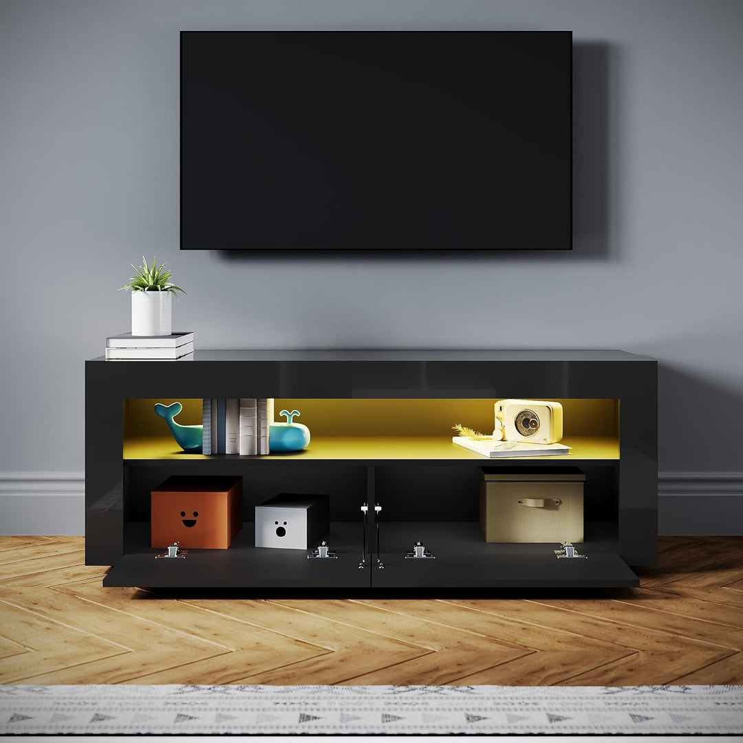 SONNI TV-Schrank Modern 120cm, Lowboard Hochglanz Schwarz mit 16 Farben LED-Beleuchtung, 2 Schublade