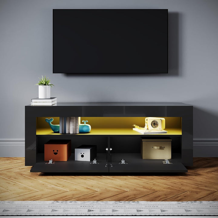 SONNI TV-Schrank Modern 120cm, Lowboard Hochglanz Schwarz mit 16 Farben LED-Beleuchtung, 2 Schublade
