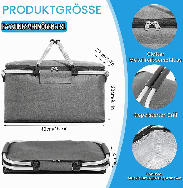 18L Einkaufskorb Faltbar, Einkaufskorb mit Kühlfunktion, mit Deckel, Korb Einkaufen, Kühlkorb Klappb