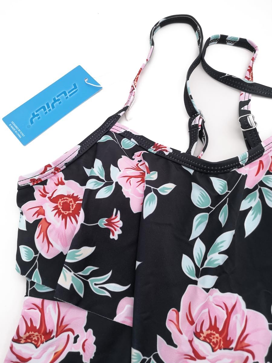 FLYILY Damen Zwei Stücke Tankini Rüschen Volant Geschichtet Bademode mit Boy Legs Shorts Rüschen Gro