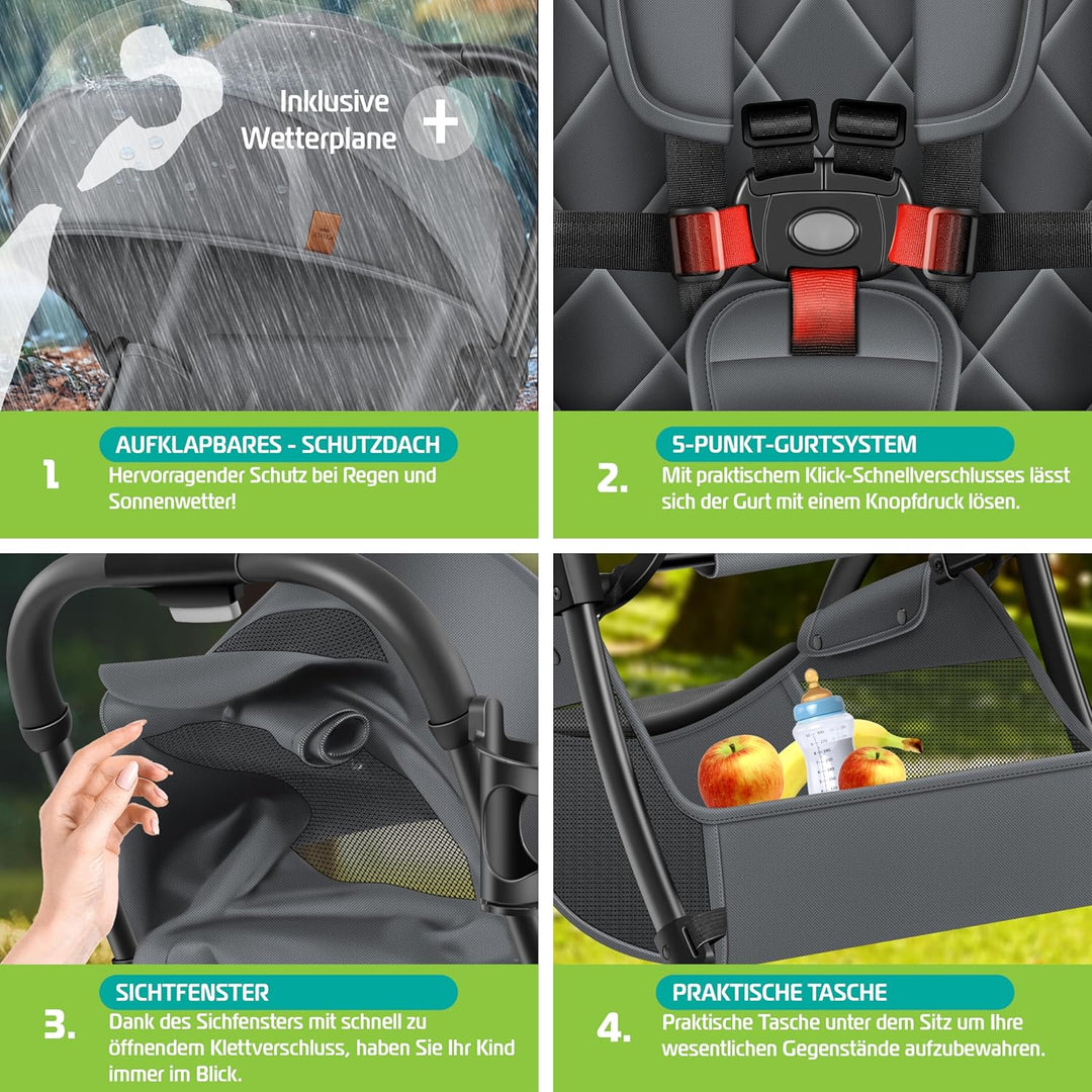 KIDIZ® Kinderwagen Premium Kinderbuggy klappbar Liegebuggy Sportwagen Faltbar 360°Räder 5-Punkt Gurt
