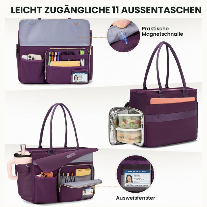 RAINSMORE Lehrertasche Damen mit Lunchfach 15,6 Zoll Laptoptasche Gross Isoliertes Fach Wasserdicht