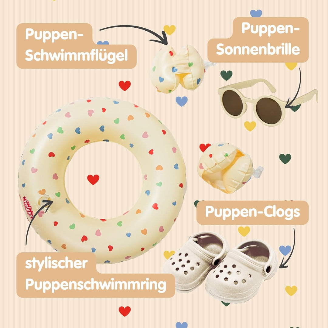 Heless 50550 - Puppen-Schwimmset in Beige Herz Konfetti, mit Schwimmring, Schwimmflügeln, Clogs und