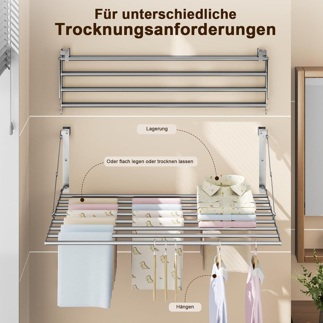 Innotic 80CM Wäscheständer Wandmontage Klappbar, Rostbeständig Wäschetrockner Wand Outdoor mit 8 Sta