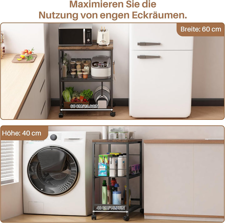 Metall Küchenregal mit Arbeitsplatte, 3 Ebenen Servierwagen mit Rollen für Mini-Backofen, Mikrowelle