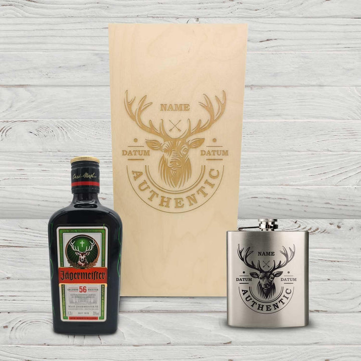 GRAVURZEILE Flachmann Geschenkset - Edelstahl Flachmann 150 ml mit Gravur im Set - inkl. Jägermeiste