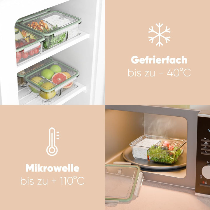 Meal Prep Boxen Glas mit Fächern | 3er Set | Glasbehälter mit Deckel | geeignet für Spülmaschine, Mi