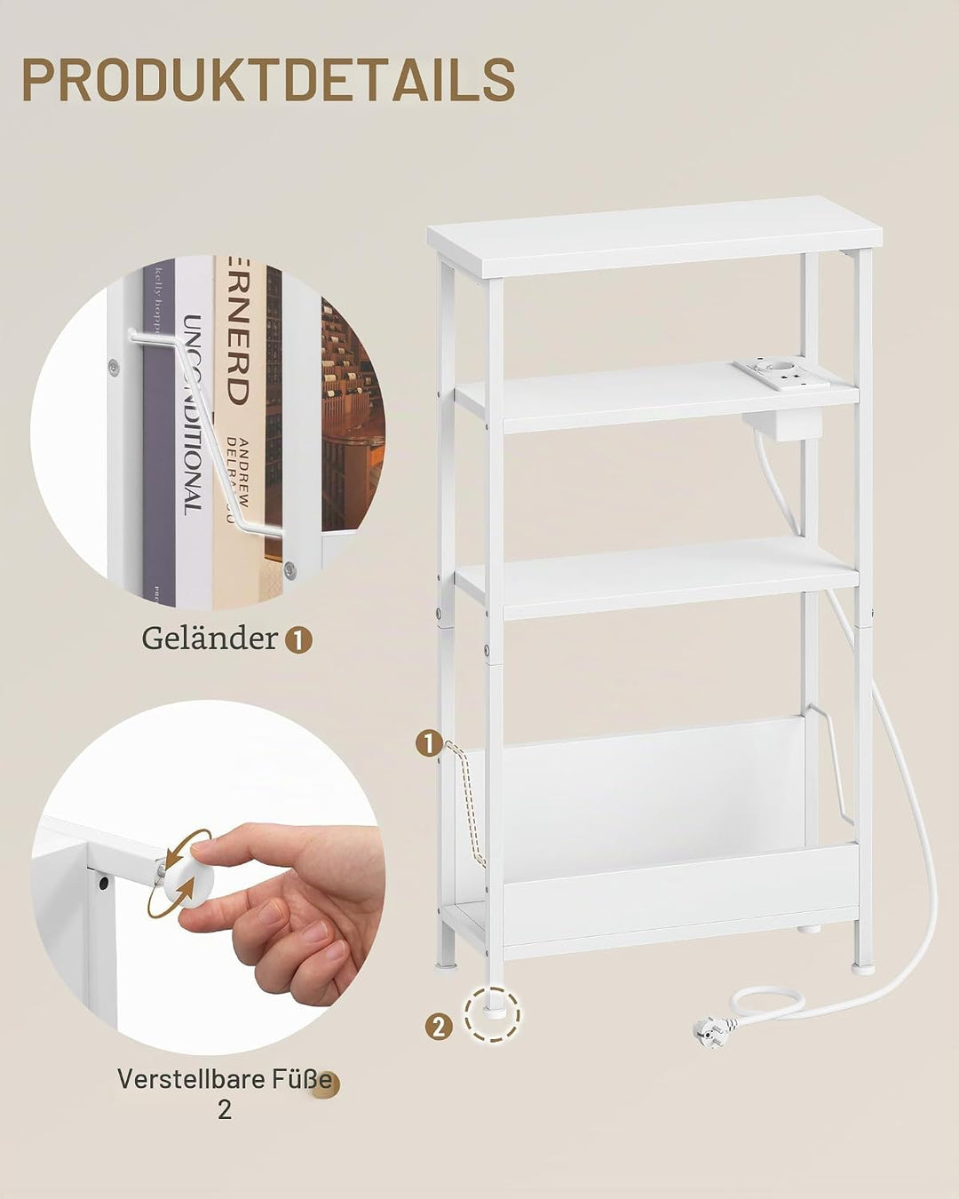 Hzuaneri Beistelltisch Schmal, 4-Stufiger Beistelltisch Couch mit Zeitschriftenhalter und Ladesteckd