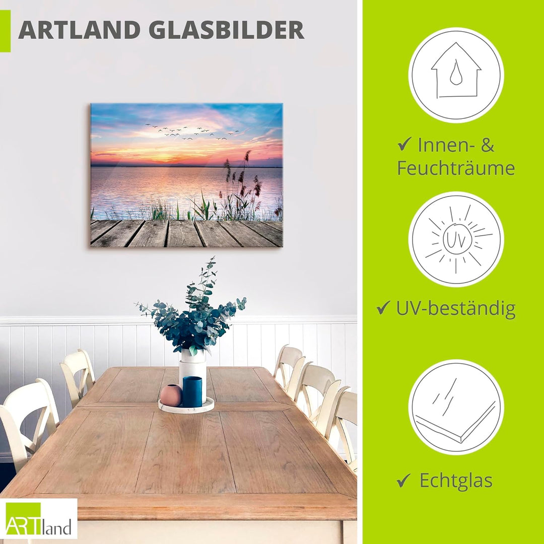 Glasbilder Wandbild Glas Bild einteilig 80x60 cm Querformat Natur Steg Landschaft See Himmel Sonnena