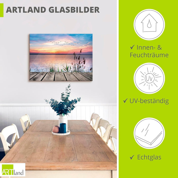 Glasbilder Wandbild Glas Bild einteilig 80x60 cm Querformat Natur Steg Landschaft See Himmel Sonnena